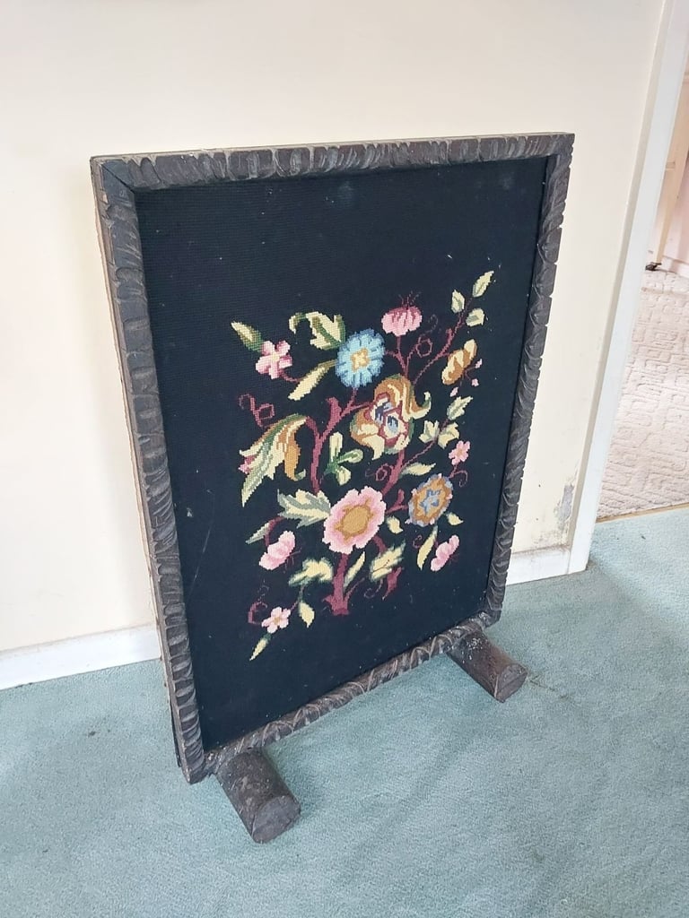 Vintage oak fire screen surround with tapestry embroidery 1920s