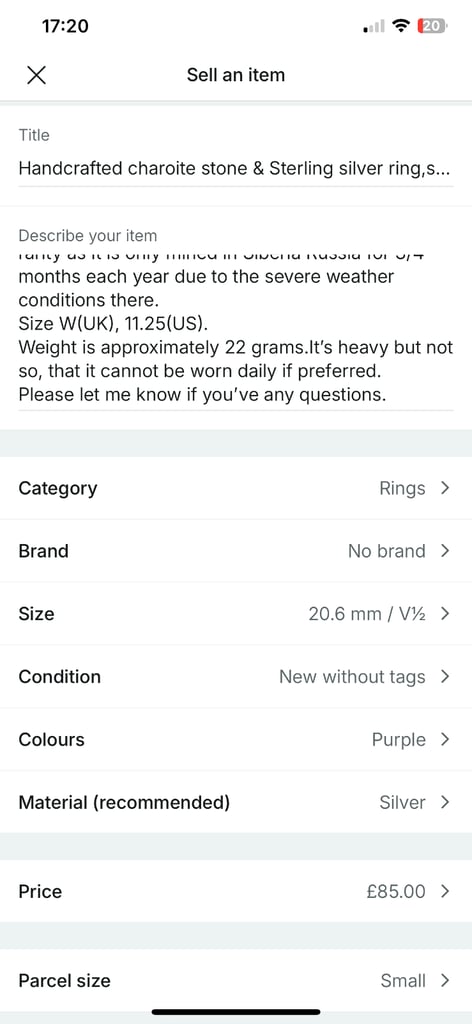 Handcrafted Charoite Stone & Sterling Silver Ring,W,11.25(US),NEW