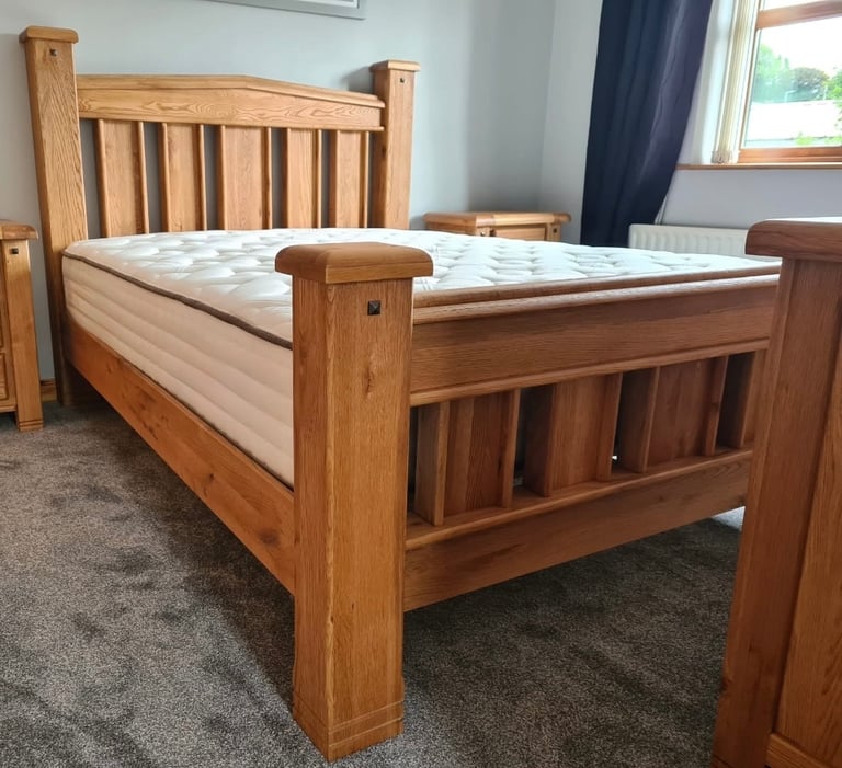 image for Solid oak double bed matching chest of drawers and mattress 
