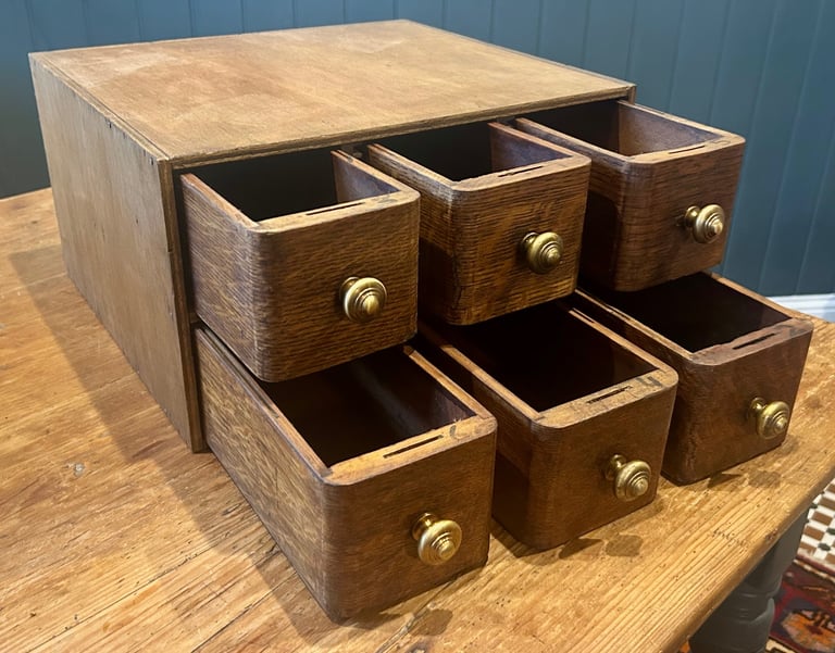 1950s oak six drawer sewing cabinet library drawer industrial antique vintage haberdashery storage