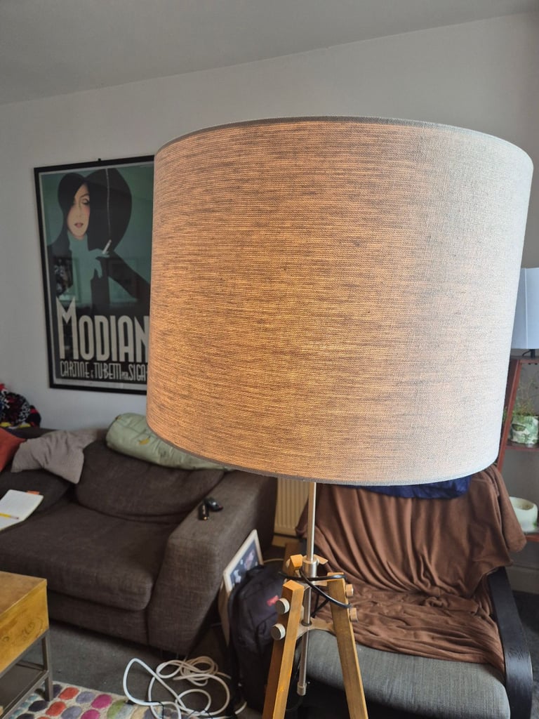 Wood Tripod Floor Lamp with Oatmeal lampshade