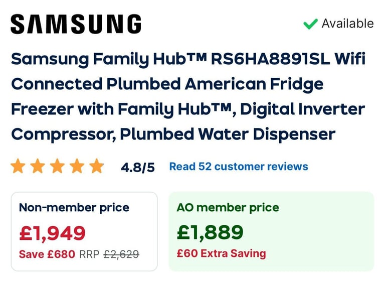 Samsung family hub american fridge freezer RRP £1949