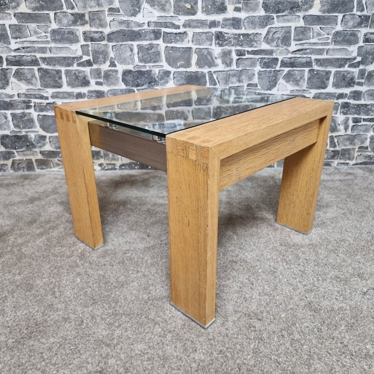 Modern Oak & Glass Side Table with Brushed Steel Detail