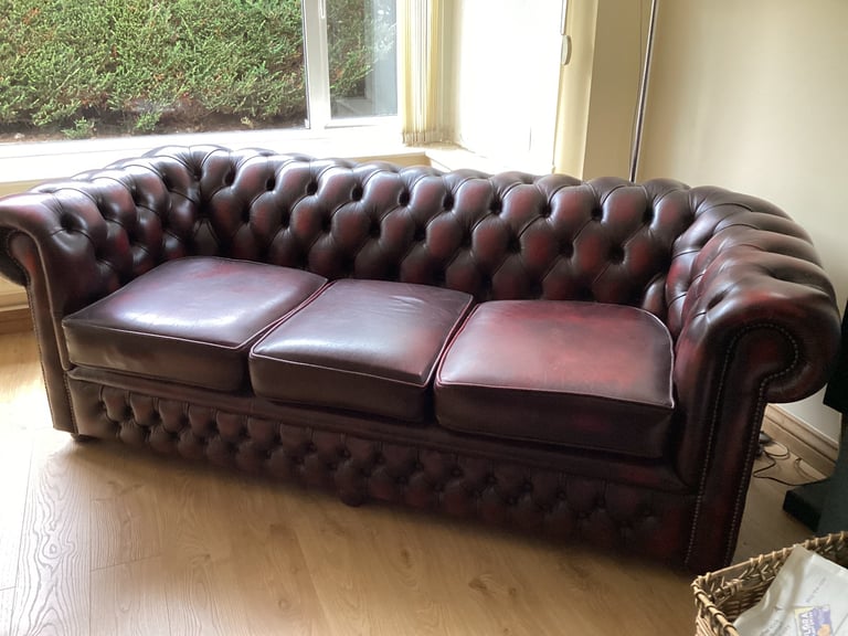 image for Red Leather 3 seater chesterfield 