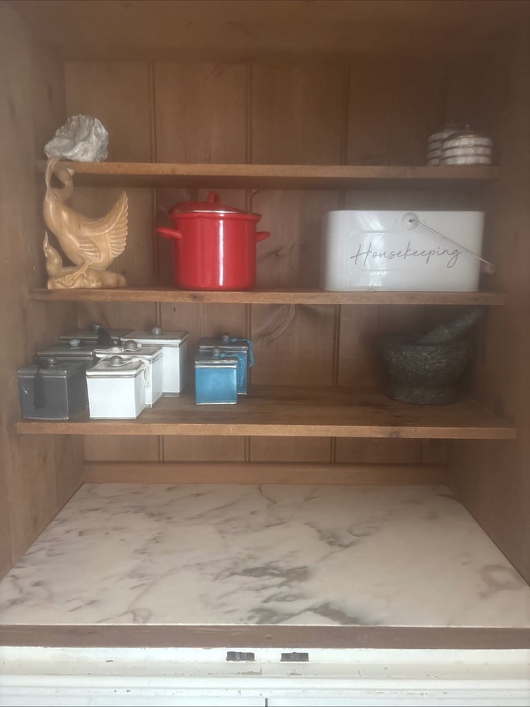 Hand built pine larder cupboard with marble shelf and basket drawers