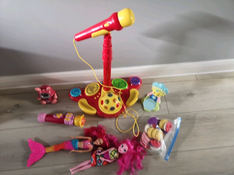 Girls toy bundle karaoke Barbie dolls clock etc
