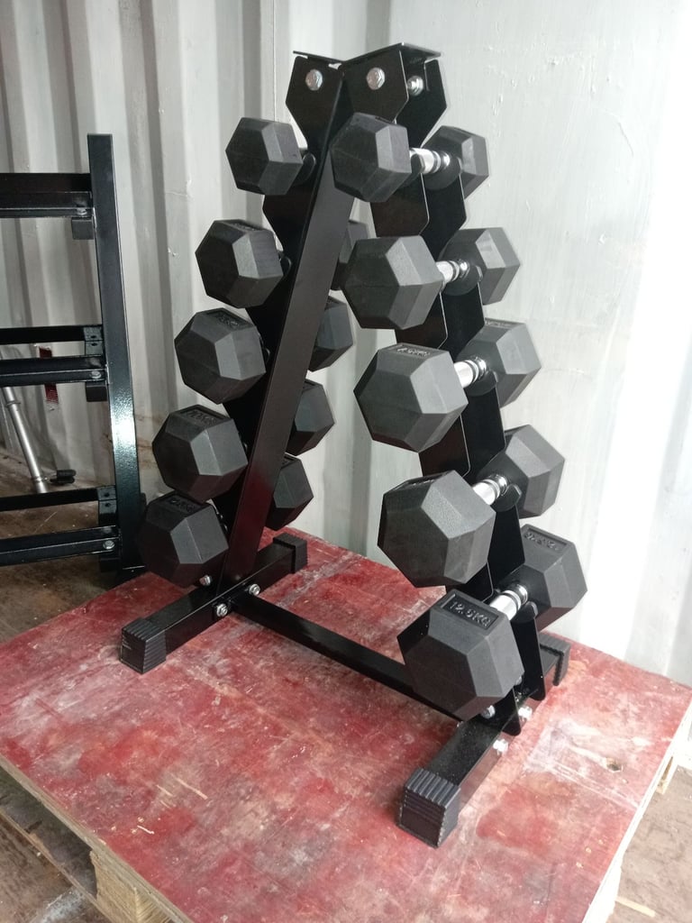 image for 5 Tier Dumbbell rack with Hex Dumbbells. 2.5kg, 5kg, 7.5kg, 10kg, 12.5kg Brand-new in boxes 