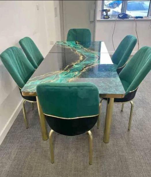 image for Luxury Marble Dining Table Set with 6 Velvet Chairs – Gold Legs, Modern Design