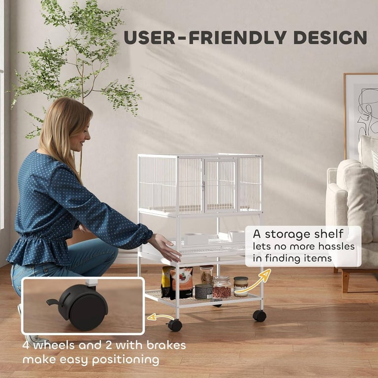  Metal Parrot Cage with Rolling Stand Wheels, White, 48x46x83 cm