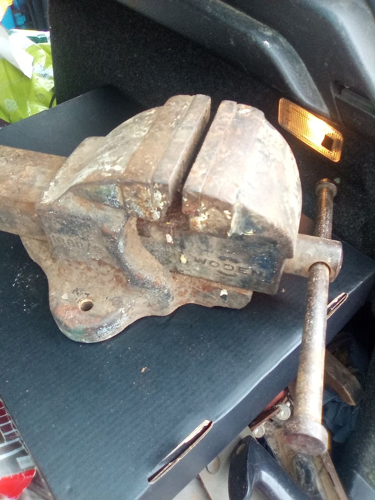 Vintage wooden engineering bench vice 