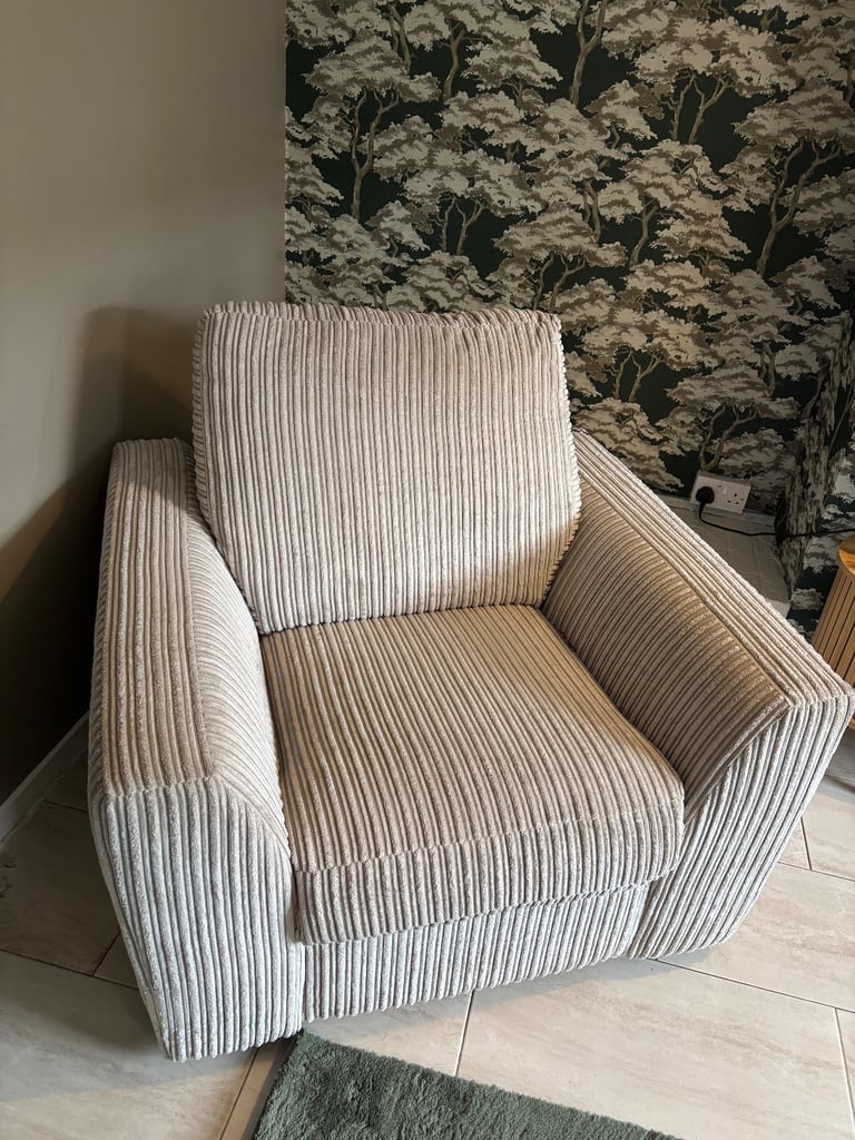 Right-Hand Corner Sofa – Jumbo Cord Beige with Ottoman Footstool and Electric Recliner