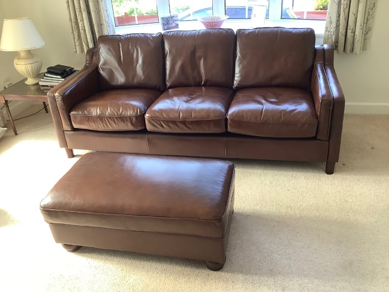 Brown leather sofa, chair and footstool 