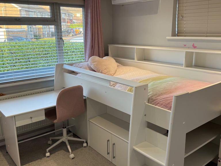GLTC White kids mid height cabin bed and mattress 