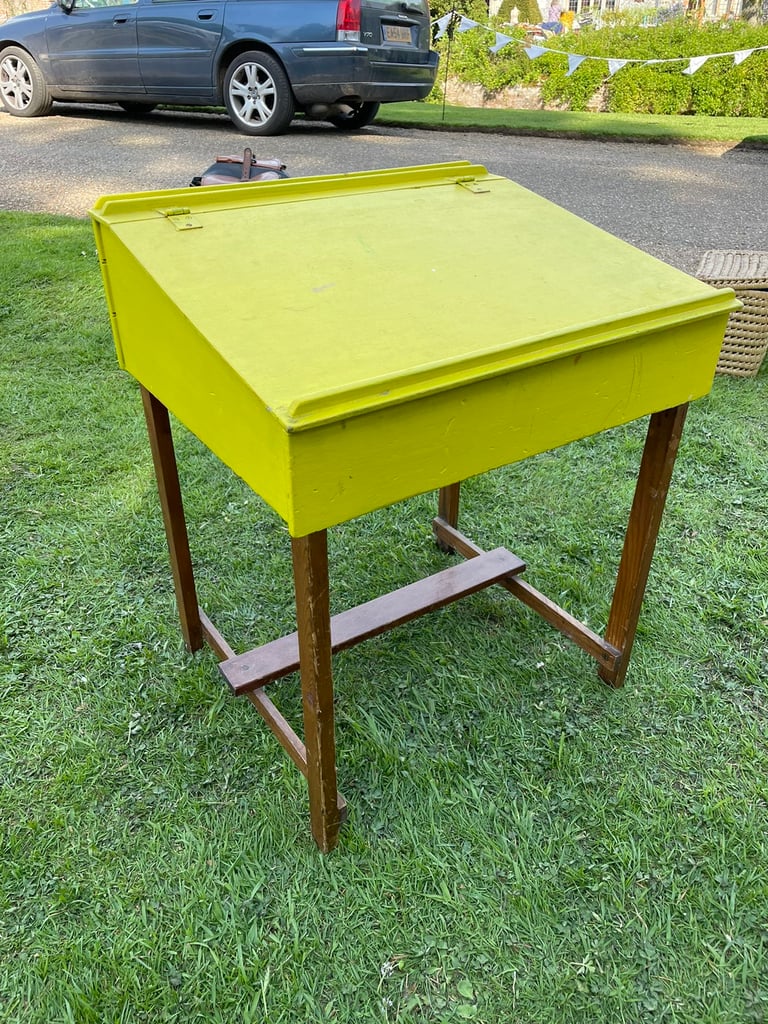 Vintage Yellow wooden child’s desk with lift up lid