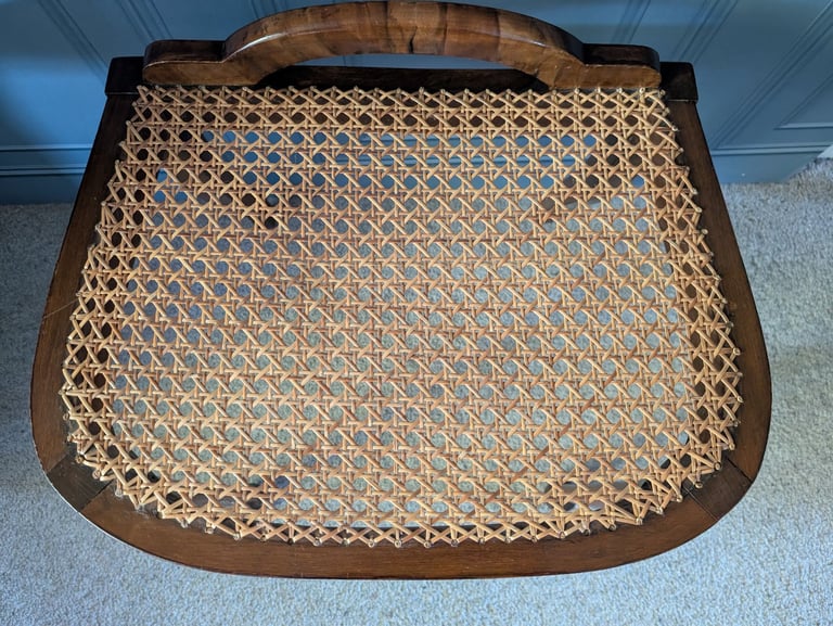 Art deco burr walnut veneer dressing table stool with cane seat 