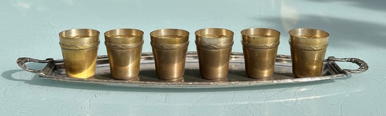 ANTIQUE FRENCH HUNTING SHOT CUP SET OF SIX STIRRUP CUPS & TRAY - 1900s - WILL POST!