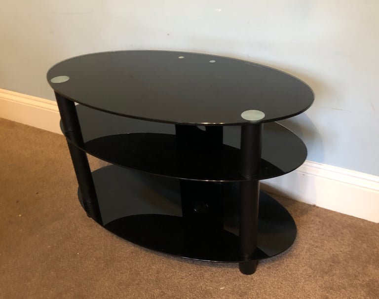 image for Stylish Oval Black Gloss TV Stand with Shelf H20in/5cm W32in/81cm D18in/46cm Good condition  C1