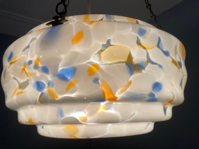 Vintage 1930s Blue, White & Orange Marbled Flycatcher / Plafonnier Glass Lamp Shade