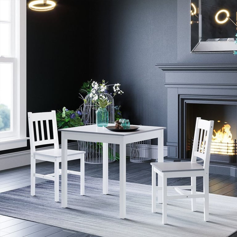 image for New White Classic Solid Wooden Dining Table and 2 Chairs RRP £180 Our Price £110