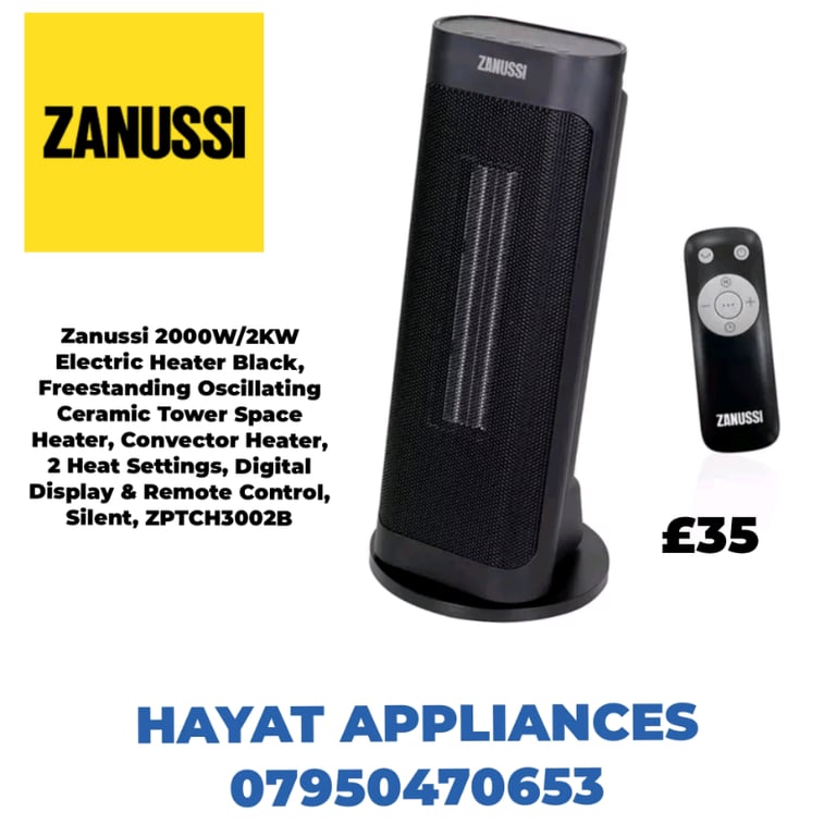 Zanussi 2000W/2KW Electric Heater Black, Freestanding Oscillating Cera