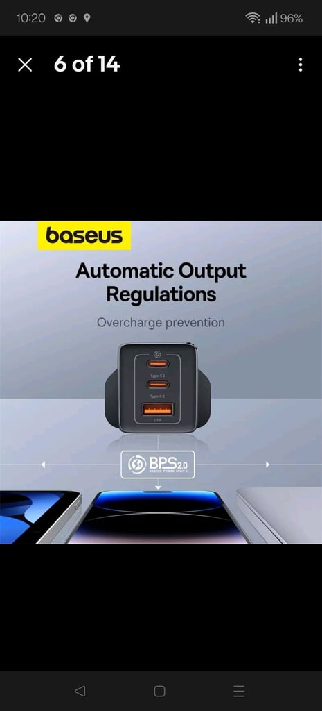 💥 Baseus 65W GaN5 Fast Charger QC4.0 PD AFC Adapters x 2 & extra usb c cables x 2 Brand New Sealed 