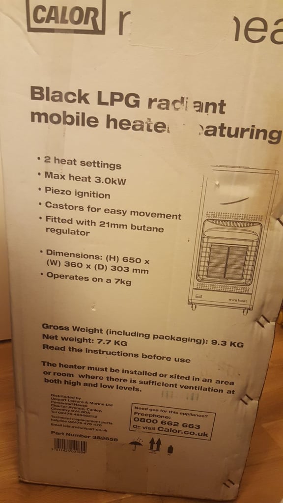 calor gas mini heat black lpg radiant mobile heater fitted with 21mm butane regulator new other