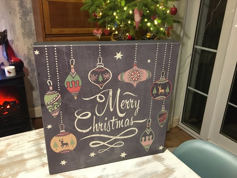 RETRO KITSCH 50s VINTAGE STYLE BLACK MERRY CHRISTMAS BAUBLE PICTURE - WALL OR FREESTANDING 