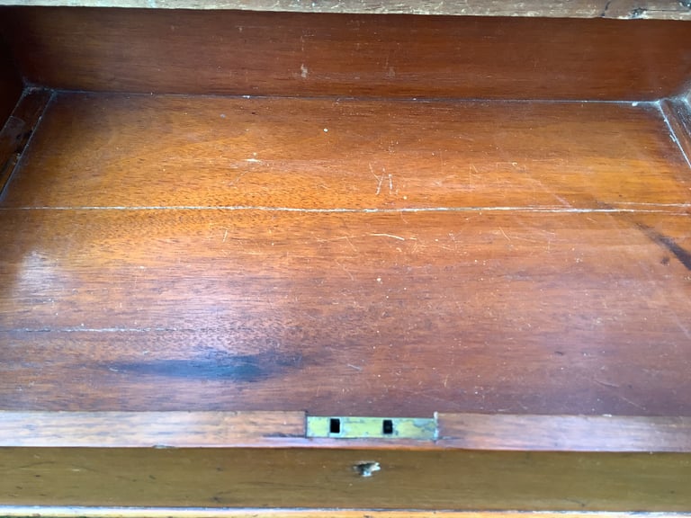 Victorian walnut brown leather insert davenport with ink wells & wheel castors