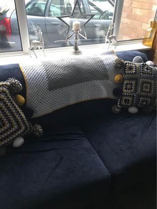 New crochet baby blanket white yellow grey 1m sq