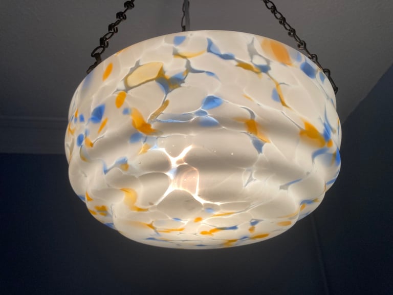 Vintage 1930s Blue, White & Orange Marbled Flycatcher / Plafonnier Glass Lamp Shade