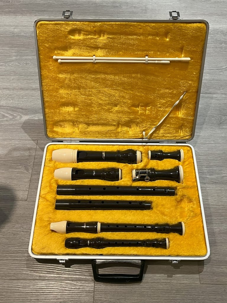 Vintage Set of 4 Aulos Recorders in hard carrying case with plush lining