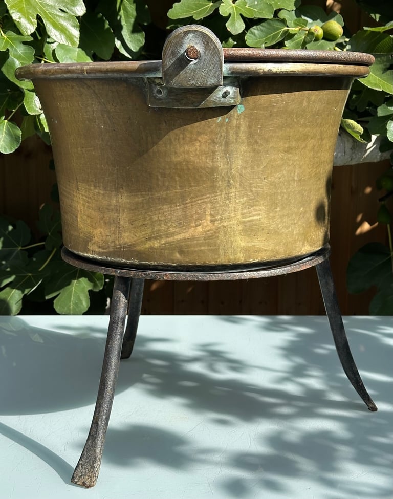 LARGE ANTIQUE FRENCH COPPER CAULDRON & STAND, LOG BUCKET, PLANTER, L58cm - 1900s - WILL POST!