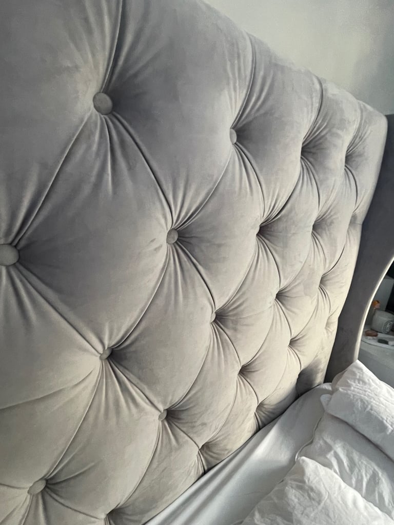 Grey Velvet Double Ottoman Bed