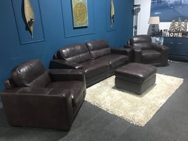 Brown Leather 3-Seater With 2 Chairs and Footstool