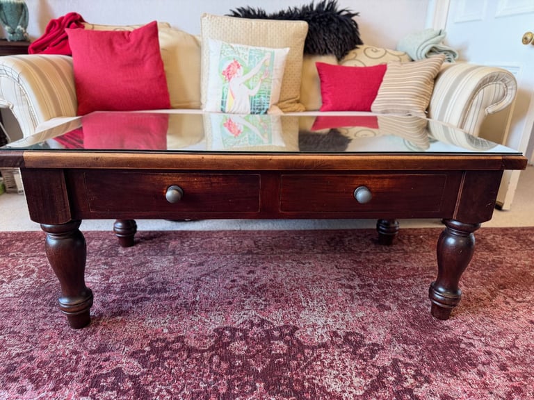 image for Large Solid Wood Coffee Table with Glass Top