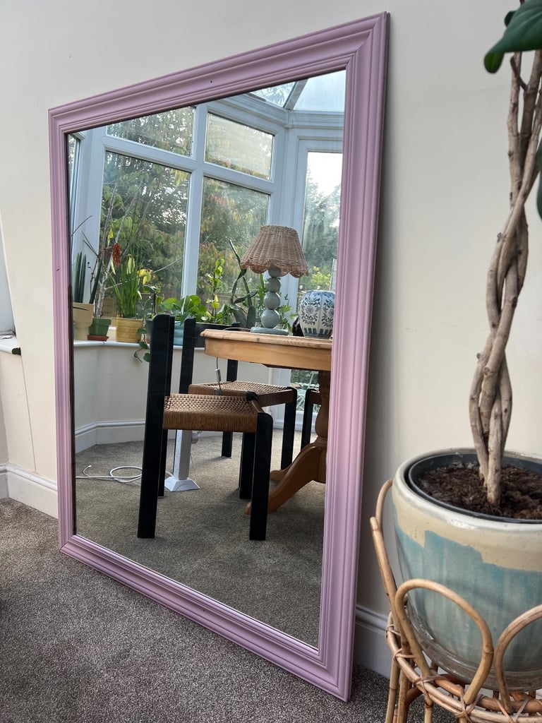 Oversized large wood pine mirror painted in a sweet dusky pink