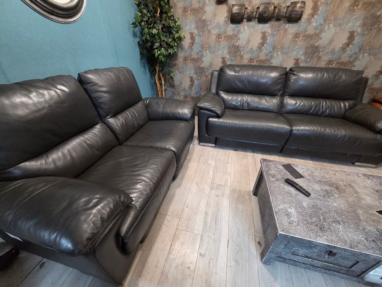 Harveys dark grey GENUINE leather electric recliner 3+2 seater sofas
