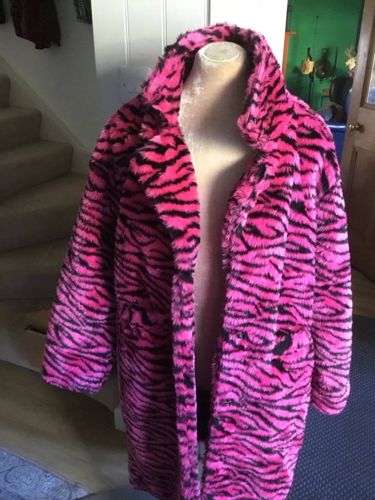 image for Pink and black funky faux fur ladies coat. Brand new with labels size 10 (38)