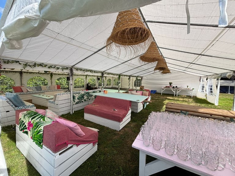 Wedding / Party Setup Including Marquees, Seating, Tables and Decorations.