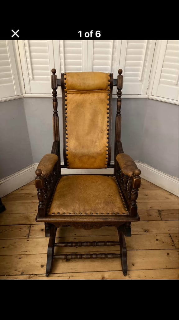 image for Antique Wooden Rocking Chair with Burnt Orange Leather