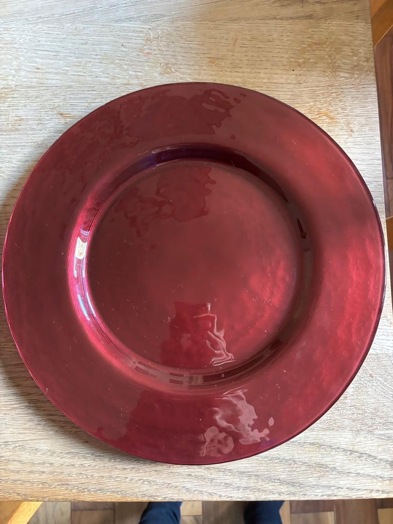 8 large red glass charger plates