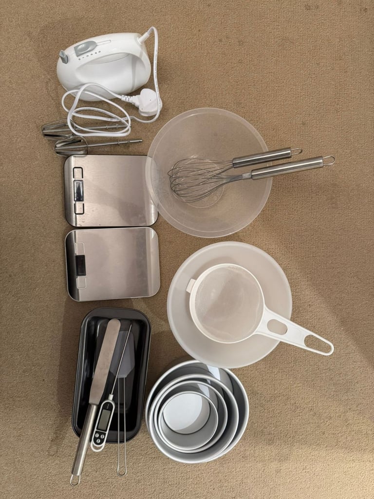 image for Baker's Starter Kit Lot: Electric Mixer, Two Digital Scales, Whisk, Thermometer & Big Bowls