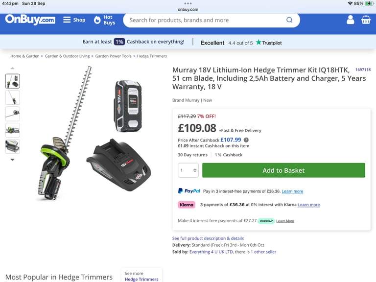 Murray 1697118 18V Lithium-Ion Hedge Trimmer Kit IQ18HTK