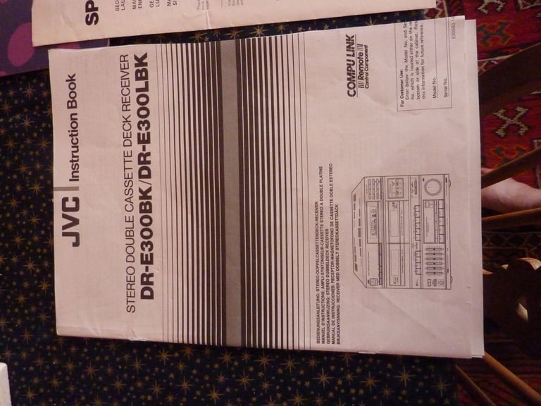 JVC stereo double cassette deck receiver. Two speakers. Instruction leaflets.