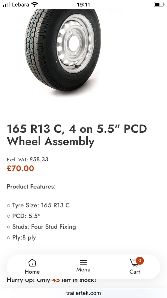 Trailer Wheel 13inc and tyre: new unused: 165/R13C 8PR 96/94N 