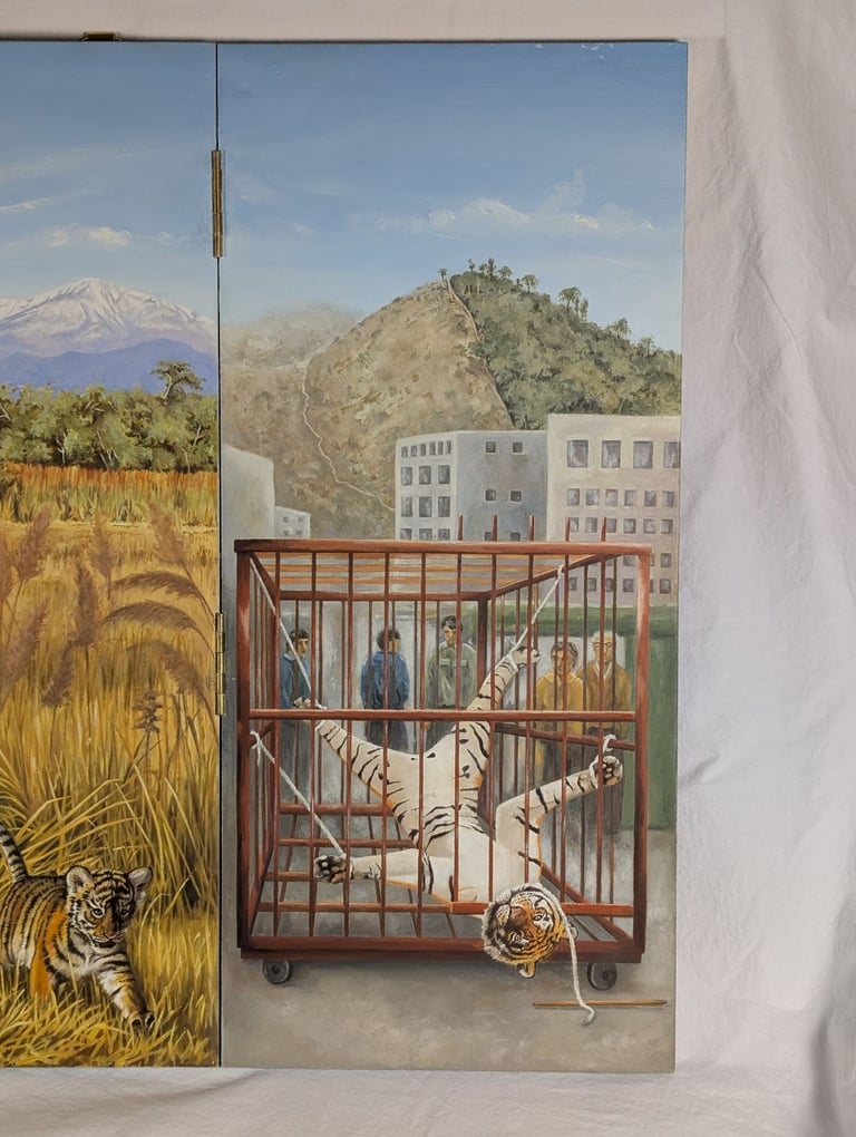 Original oil painting - Tiger Triptych, oil on hinged board, art artwork