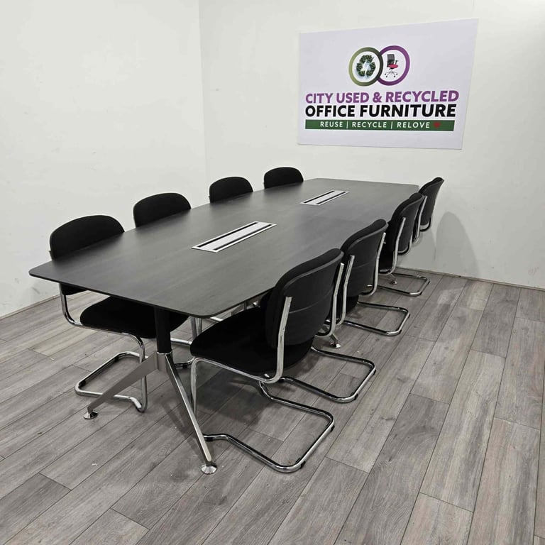  Executive Boardroom Table, Anthracite / Chrome, Comms Boxes, W3000mm w/ 8 x Conference Chairs