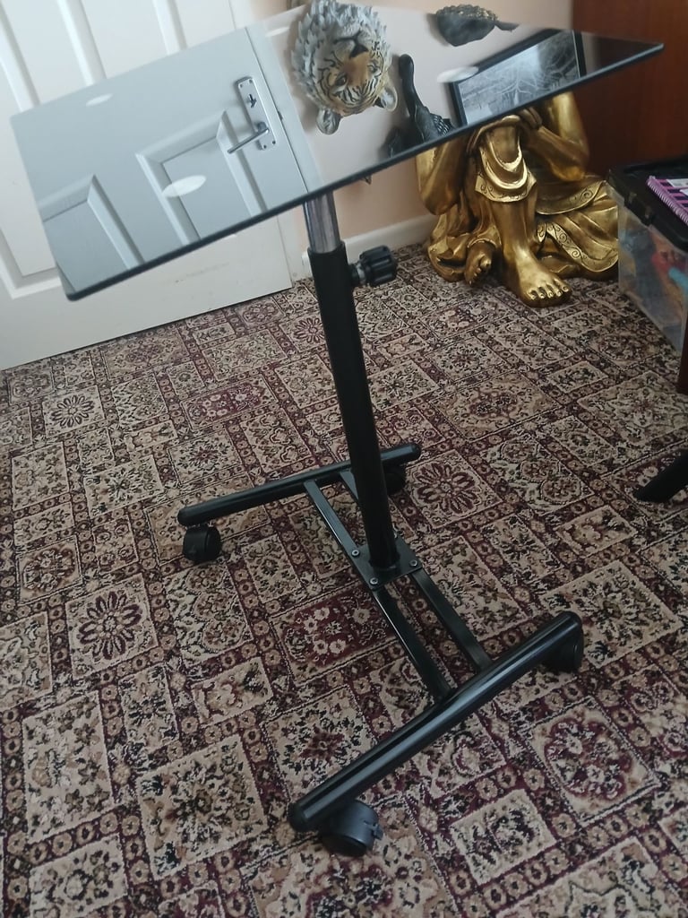 Laptop Table. Adjustable Height, Black Glass, with Wheels