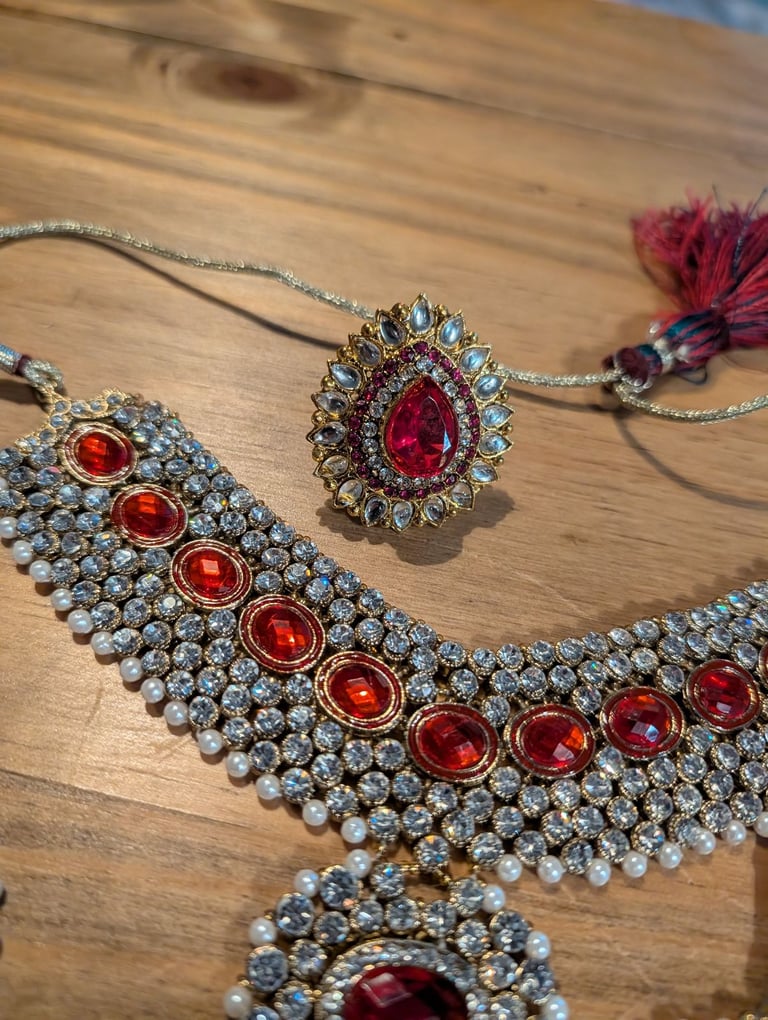 Ruby red asian necklace set indian pakistani earrings