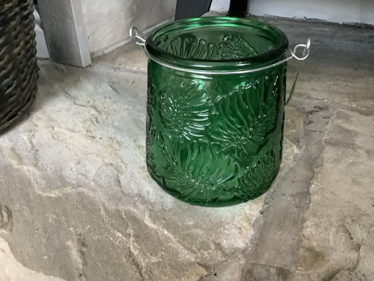 image for Green Glass Storage / Candle Votive Jar with Leaf Motifs & Metal Handle